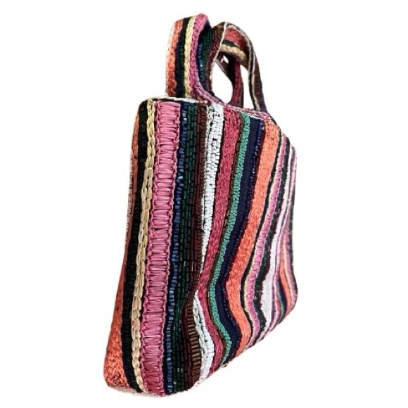 Vintage Multi-Colored Striped Raffia & Seed Beads Purse | Short Fabric Handles - Picture 3 of 7